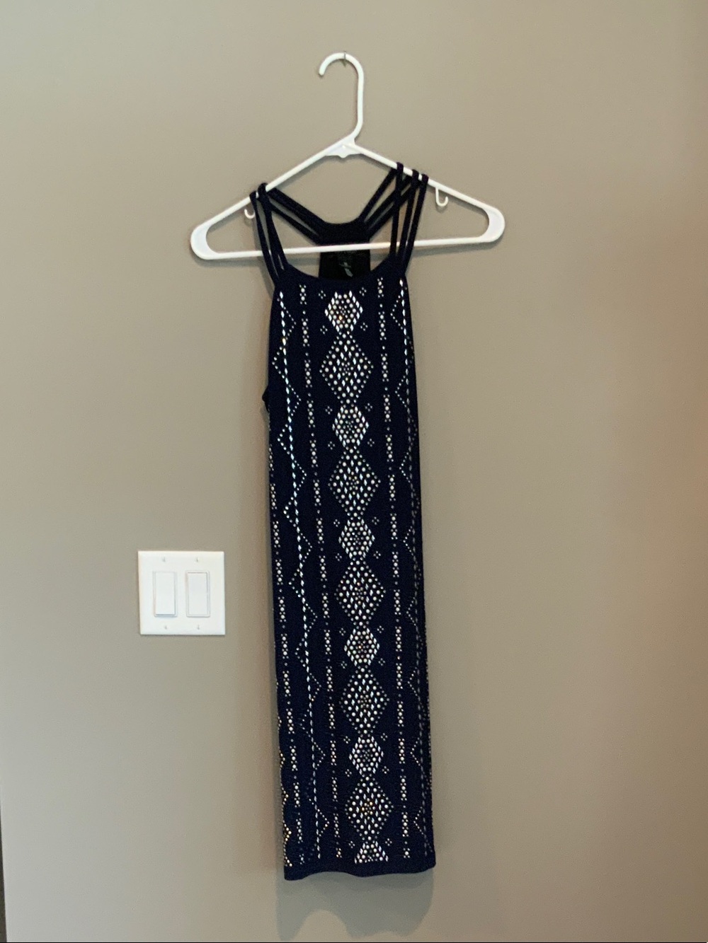 White House Black Market Navy Strappy Maxi Dress with White Geometric Print